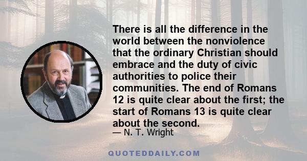 There is all the difference in the world between the nonviolence that the ordinary Christian should embrace and the duty of civic authorities to police their communities. The end of Romans 12 is quite clear about the