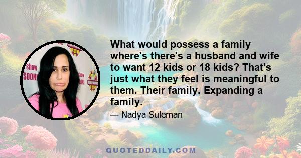 What would possess a family where's there's a husband and wife to want 12 kids or 18 kids? That's just what they feel is meaningful to them. Their family. Expanding a family.