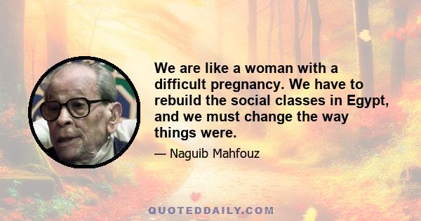 We are like a woman with a difficult pregnancy. We have to rebuild the social classes in Egypt, and we must change the way things were.