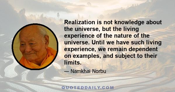 Realization is not knowledge about the universe, but the living experience of the nature of the universe. Until we have such living experience, we remain dependent on examples, and subject to their limits.