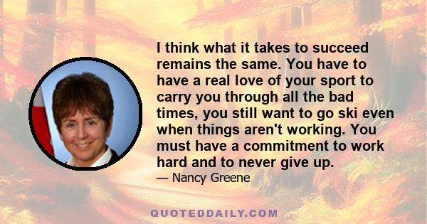 I think what it takes to succeed remains the same. You have to have a real love of your sport to carry you through all the bad times, you still want to go ski even when things aren't working. You must have a commitment