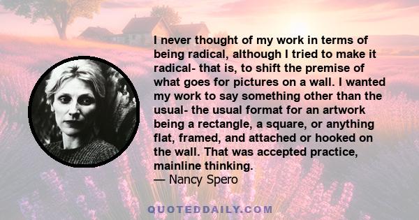 I never thought of my work in terms of being radical, although I tried to make it radical- that is, to shift the premise of what goes for pictures on a wall. I wanted my work to say something other than the usual- the