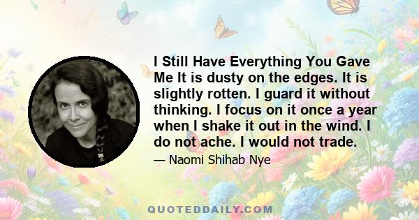 I Still Have Everything You Gave Me It is dusty on the edges. It is slightly rotten. I guard it without thinking. I focus on it once a year when I shake it out in the wind. I do not ache. I would not trade.