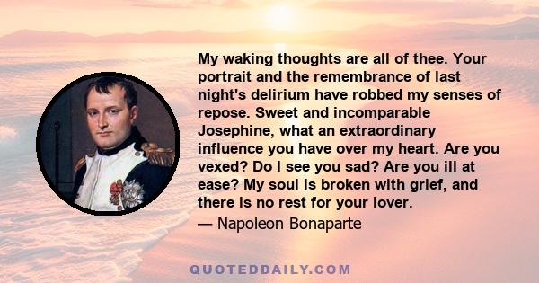 My waking thoughts are all of thee. Your portrait and the remembrance of last night's delirium have robbed my senses of repose. Sweet and incomparable Josephine, what an extraordinary influence you have over my heart.