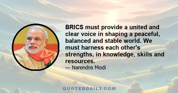 BRICS must provide a united and clear voice in shaping a peaceful, balanced and stable world. We must harness each other's strengths, in knowledge, skills and resources.