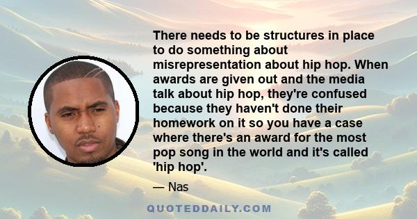 There needs to be structures in place to do something about misrepresentation about hip hop. When awards are given out and the media talk about hip hop, they're confused because they haven't done their homework on it so 