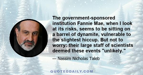 The government-sponsored institution Fannie Mae, when I look at its risks, seems to be sitting on a barrel of dynamite, vulnerable to the slightest hiccup. But not to worry: their large staff of scientists deemed these