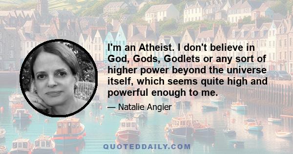 I'm an Atheist. I don't believe in God, Gods, Godlets or any sort of higher power beyond the universe itself, which seems quite high and powerful enough to me.