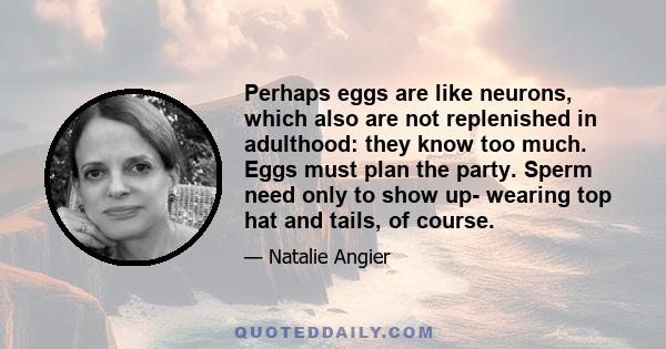 Perhaps eggs are like neurons, which also are not replenished in adulthood: they know too much. Eggs must plan the party. Sperm need only to show up- wearing top hat and tails, of course.