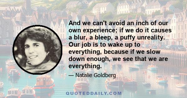 And we can't avoid an inch of our own experience; if we do it causes a blur, a bleep, a puffy unreality. Our job is to wake up to everything, because if we slow down enough, we see that we are everything.