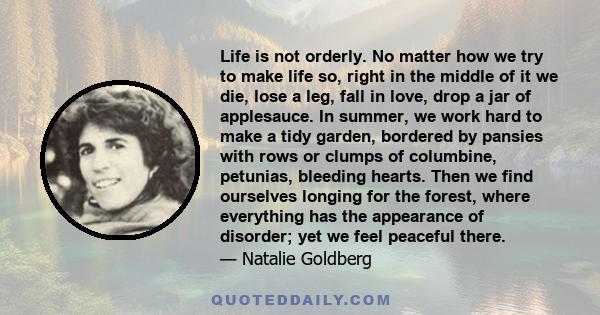 Life is not orderly. No matter how we try to make life so, right in the middle of it we die, lose a leg, fall in love, drop a jar of applesauce. In summer, we work hard to make a tidy garden, bordered by pansies with