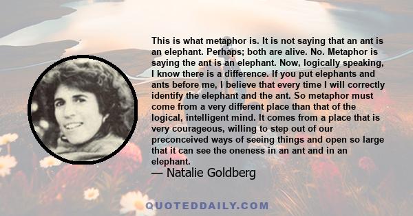 This is what metaphor is. It is not saying that an ant is an elephant. Perhaps; both are alive. No. Metaphor is saying the ant is an elephant. Now, logically speaking, I know there is a difference. If you put elephants