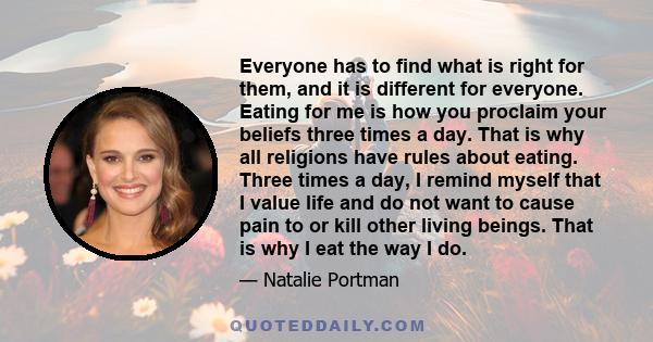 Everyone has to find what is right for them, and it is different for everyone. Eating for me is how you proclaim your beliefs three times a day. That is why all religions have rules about eating. Three times a day, I