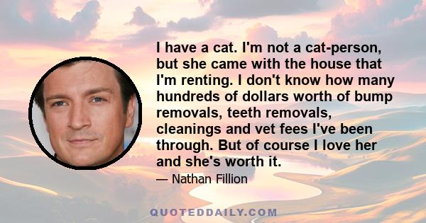 I have a cat. I'm not a cat-person, but she came with the house that I'm renting. I don't know how many hundreds of dollars worth of bump removals, teeth removals, cleanings and vet fees I've been through. But of course 