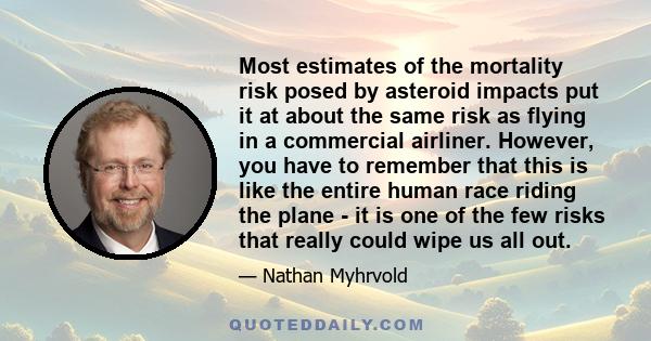 Most estimates of the mortality risk posed by asteroid impacts put it at about the same risk as flying in a commercial airliner. However, you have to remember that this is like the entire human race riding the plane -