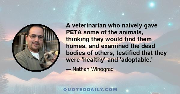 A veterinarian who naively gave PETA some of the animals, thinking they would find them homes, and examined the dead bodies of others, testified that they were 'healthy' and 'adoptable.'