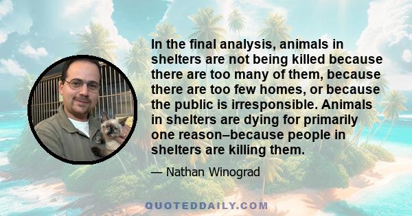 In the final analysis, animals in shelters are not being killed because there are too many of them, because there are too few homes, or because the public is irresponsible. Animals in shelters are dying for primarily