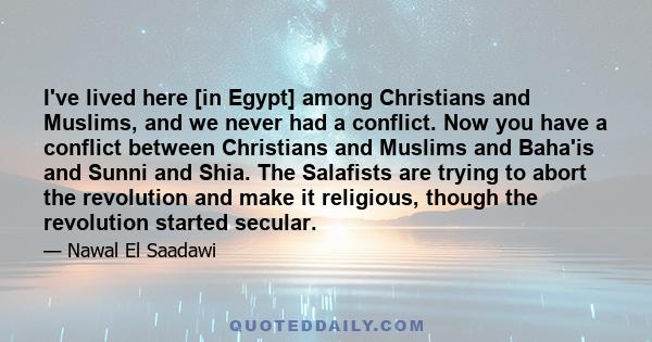 I've lived here [in Egypt] among Christians and Muslims, and we never had a conflict. Now you have a conflict between Christians and Muslims and Baha'is and Sunni and Shia. The Salafists are trying to abort the