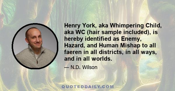 Henry York, aka Whimpering Child, aka WC (hair sample included), is hereby identified as Enemy, Hazard, and Human Mishap to all faeren in all districts, in all ways, and in all worlds.