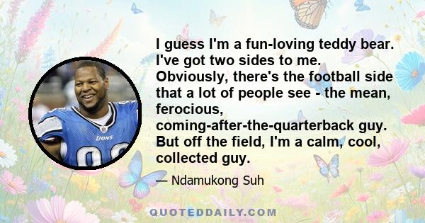 I guess I'm a fun-loving teddy bear. I've got two sides to me. Obviously, there's the football side that a lot of people see - the mean, ferocious, coming-after-the-quarterback guy. But off the field, I'm a calm, cool,