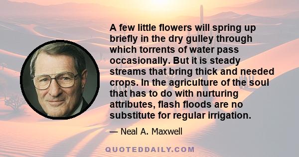 A few little flowers will spring up briefly in the dry gulley through which torrents of water pass occasionally. But it is steady streams that bring thick and needed crops. In the agriculture of the soul that has to do