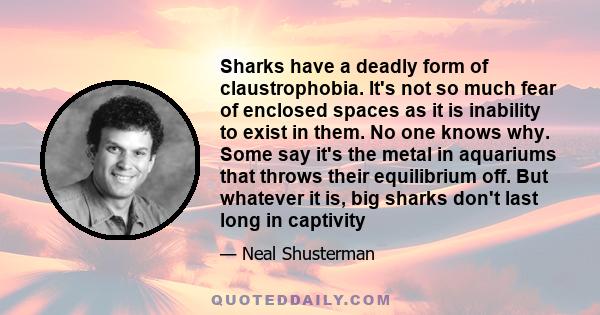 Sharks have a deadly form of claustrophobia. It's not so much fear of enclosed spaces as it is inability to exist in them. No one knows why. Some say it's the metal in aquariums that throws their equilibrium off. But