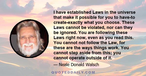 I have established Laws in the universe that make it possible for you to have-to create-exactly what you choose. These Laws cannot be violated, nor can they be ignored. You are following these Laws right now, even as