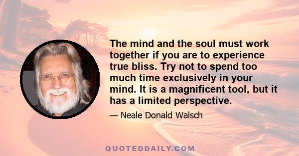 The mind and the soul must work together if you are to experience true bliss. Try not to spend too much time exclusively in your mind. It is a magnificent tool, but it has a limited perspective.