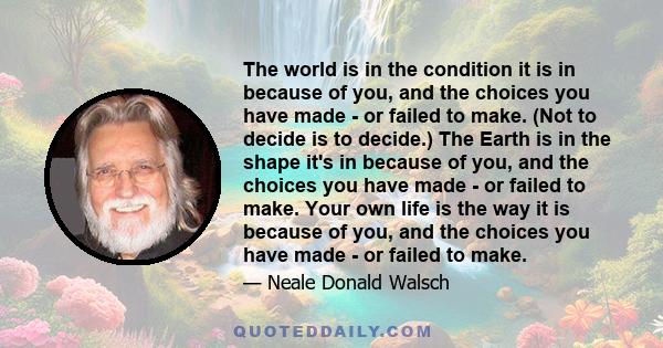 The world is in the condition it is in because of you, and the choices you have made - or failed to make. (Not to decide is to decide.) The Earth is in the shape it's in because of you, and the choices you have made -