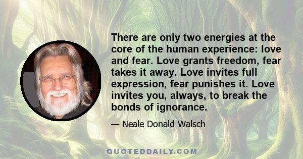 There are only two energies at the core of the human experience: love and fear. Love grants freedom, fear takes it away. Love invites full expression, fear punishes it. Love invites you, always, to break the bonds of