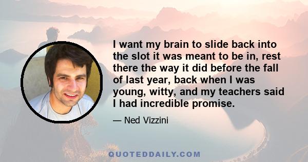 I want my brain to slide back into the slot it was meant to be in, rest there the way it did before the fall of last year, back when I was young, witty, and my teachers said I had incredible promise.