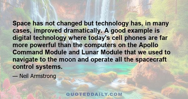 Space has not changed but technology has, in many cases, improved dramatically. A good example is digital technology where today's cell phones are far more powerful than the computers on the Apollo Command Module and