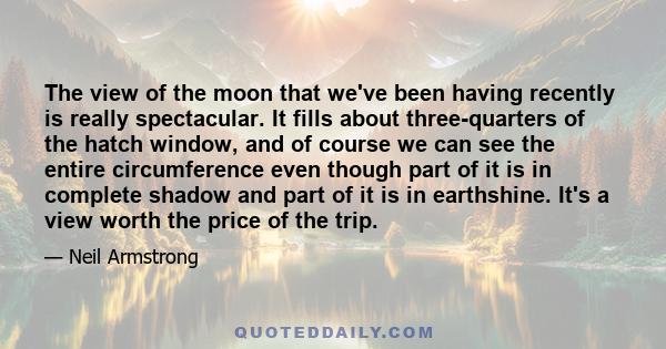 The view of the moon that we've been having recently is really spectacular. It fills about three-quarters of the hatch window, and of course we can see the entire circumference even though part of it is in complete