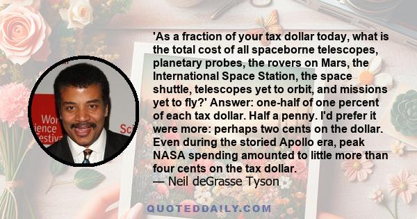 'As a fraction of your tax dollar today, what is the total cost of all spaceborne telescopes, planetary probes, the rovers on Mars, the International Space Station, the space shuttle, telescopes yet to orbit, and