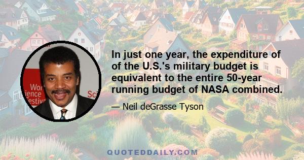 In just one year, the expenditure of of the U.S.'s military budget is equivalent to the entire 50-year running budget of NASA combined.