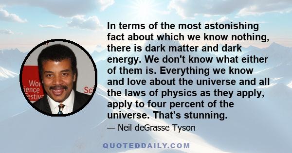 In terms of the most astonishing fact about which we know nothing, there is dark matter and dark energy. We don't know what either of them is. Everything we know and love about the universe and all the laws of physics