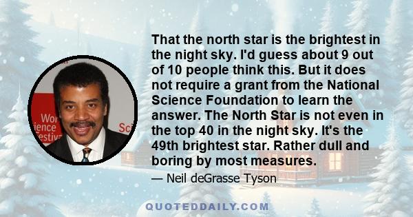 That the north star is the brightest in the night sky. I'd guess about 9 out of 10 people think this. But it does not require a grant from the National Science Foundation to learn the answer. The North Star is not even