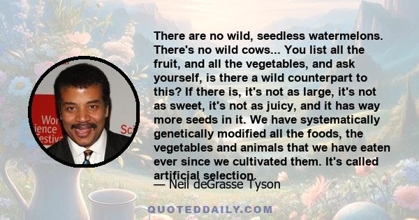 There are no wild, seedless watermelons. There's no wild cows... You list all the fruit, and all the vegetables, and ask yourself, is there a wild counterpart to this? If there is, it's not as large, it's not as sweet,