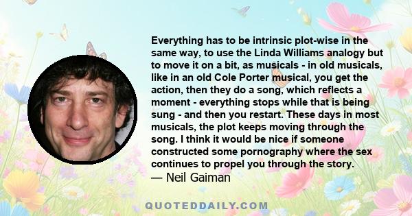 Everything has to be intrinsic plot-wise in the same way, to use the Linda Williams analogy but to move it on a bit, as musicals - in old musicals, like in an old Cole Porter musical, you get the action, then they do a