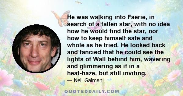 He was walking into Faerie, in search of a fallen star, with no idea how he would find the star, nor how to keep himself safe and whole as he tried. He looked back and fancied that he could see the lights of Wall behind 