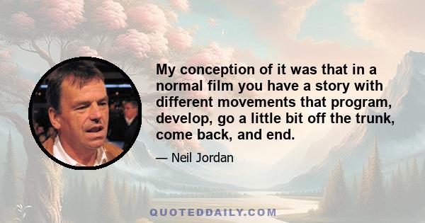 My conception of it was that in a normal film you have a story with different movements that program, develop, go a little bit off the trunk, come back, and end.