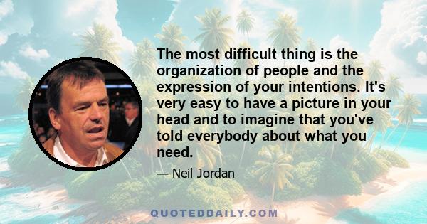 The most difficult thing is the organization of people and the expression of your intentions. It's very easy to have a picture in your head and to imagine that you've told everybody about what you need.