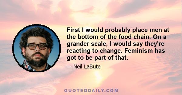 First I would probably place men at the bottom of the food chain. On a grander scale, I would say they're reacting to change. Feminism has got to be part of that.