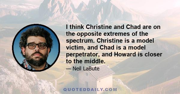 I think Christine and Chad are on the opposite extremes of the spectrum. Christine is a model victim, and Chad is a model perpetrator, and Howard is closer to the middle.