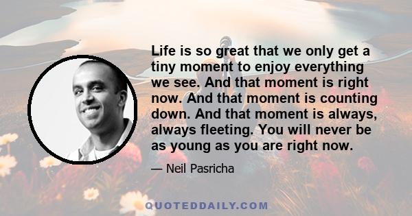 Life is so great that we only get a tiny moment to enjoy everything we see. And that moment is right now. And that moment is counting down. And that moment is always, always fleeting. You will never be as young as you