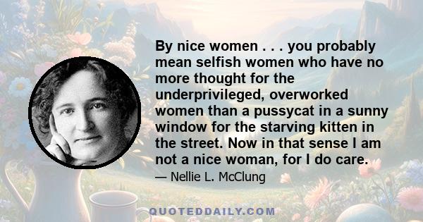 By nice women . . . you probably mean selfish women who have no more thought for the underprivileged, overworked women than a pussycat in a sunny window for the starving kitten in the street. Now in that sense I am not