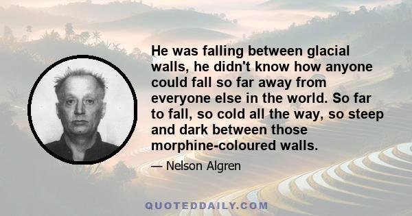 He was falling between glacial walls, he didn't know how anyone could fall so far away from everyone else in the world. So far to fall, so cold all the way, so steep and dark between those morphine-coloured walls.