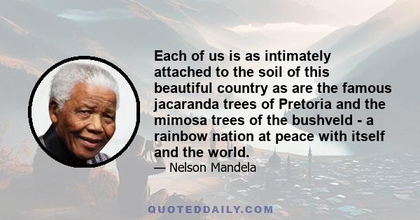 Each of us is as intimately attached to the soil of this beautiful country as are the famous jacaranda trees of Pretoria and the mimosa trees of the bushveld - a rainbow nation at peace with itself and the world.