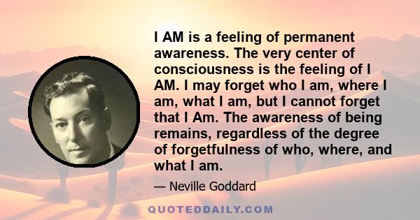 I AM is a feeling of permanent awareness. The very center of consciousness is the feeling of I AM. I may forget who I am, where I am, what I am, but I cannot forget that I Am. The awareness of being remains, regardless