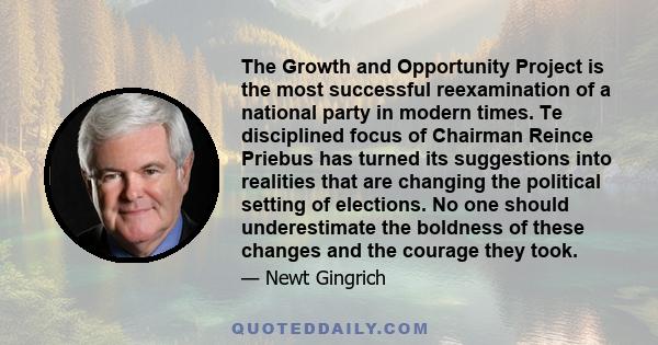 The Growth and Opportunity Project is the most successful reexamination of a national party in modern times. Te disciplined focus of Chairman Reince Priebus has turned its suggestions into realities that are changing